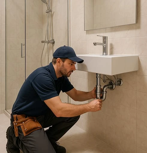 Plombier en uniforme réparant les tuyaux sous un lavabo mural dans une salle de bain